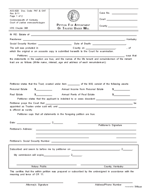 Thumbnail of Kentucky Form Petition For Appointment Of Trustee Under Will