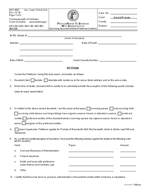 Thumbnail of Kentucky Form Petition/order To Dispense With Administration (Surviving Spouse/children/preferred Creditor)
