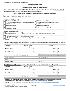 Thumbnail of Maine Form Family And Probate Matter Summary Sheet