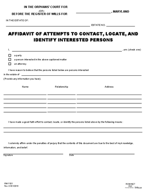 Thumbnail of Maryland Form Affidavit Of Attempts To Contact, Locate, Andidentify Interested Persons