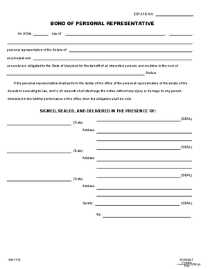 Thumbnail of Maryland Form Bond Of Personal Representative
