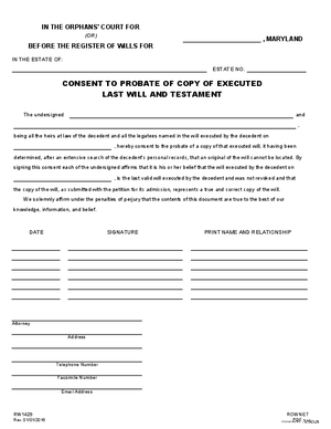 Thumbnail of Maryland Form Consent To Probate Of Copy Of Executed Last Will And Testament