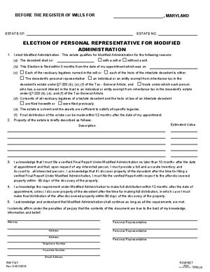 Thumbnail of Maryland Form Modified Administration Packet