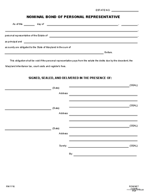 Thumbnail of Maryland Form Nominal Bond Of Personal Representative