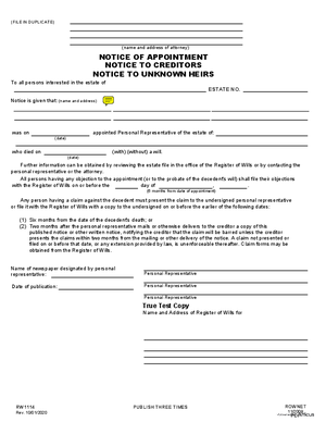 Thumbnail of Maryland Form Notice Of Appointment Notice To Creditors Notice Tounknown Heirs