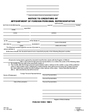 Thumbnail of Maryland Form Notice To Creditors Of Appointment Of Foreign Personalrepresentative