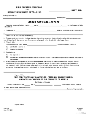 Thumbnail of Maryland Form Order For Small Estate