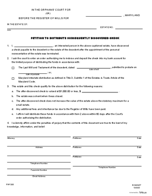 Thumbnail of Maryland Form Peition To Distribute Subsequently Discovered Check