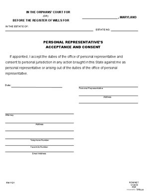 Thumbnail of Maryland Form Personal Representative's Acceptance And Consent