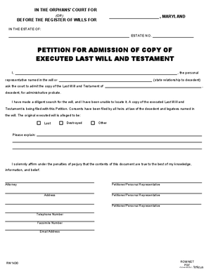 Thumbnail of Maryland Form Petition For Admission Of Copy Of Executedlast Will And Testament