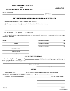 Thumbnail of Maryland Form Petition And Order For Funeralexpenses