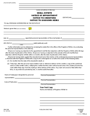 Thumbnail of Maryland Form Small Estate Notice Of Appointment Notice To Creditors Notice To Unknown Heirs
