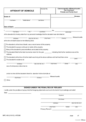 Thumbnail of Massachusetts Form Affidavit Of Domicile