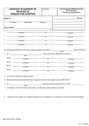 Thumbnail of Massachusetts Form Affidavit In Support Of Release Of Demand For Sureties