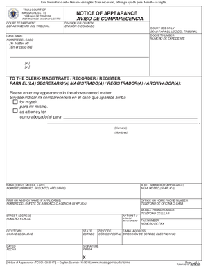Thumbnail of Massachusetts Form Aviso De Comparecencia / Notice Of Appearance