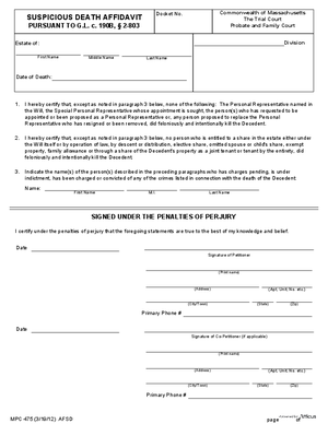 Thumbnail of Massachusetts Form Cause Of Death Affidavit