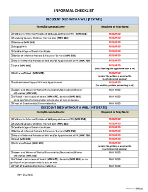 Thumbnail of Massachusetts Form Checklist For Informal Probate