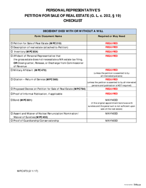Thumbnail of Massachusetts Form Checklist For Petition For Sale Of Real Estate
