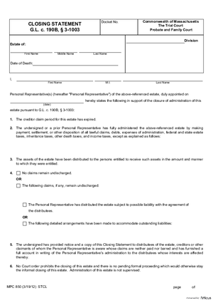 Thumbnail of Massachusetts Form Closing Statement