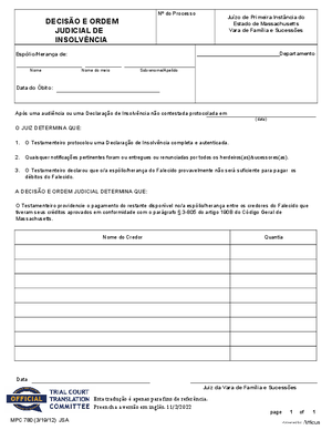 Thumbnail of Massachusetts Form Decisão E Ordem Judicial De Insolvência / Decree And Order Of Insolvency