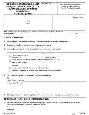 Thumbnail of Massachusetts Form Decisão E Ordem Judicial Na Petição Para Nomeação De Curador À Lide Do Fundo Patrimonial / Decree And Order On Trust Petition Appointing A Guardian Ad Litem