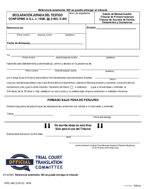 Thumbnail of Massachusetts Form Declaración Jurada Del Testigo / Affidavit Of Witness To Will