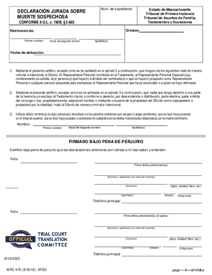 Thumbnail of Massachusetts Form Declaración Jurada Sobre Muerte Sospechosa / Cause Of Death Affidavit