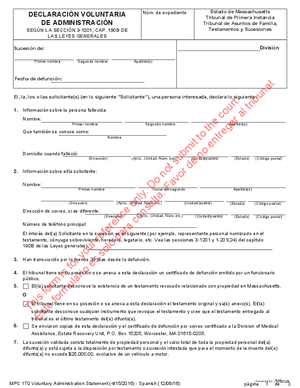Thumbnail of Massachusetts Form Declaración Voluntaria De Administración Según La Sección 3-1201, Cap. 190b De Las Leyes Generales / Voluntary Administration Statement