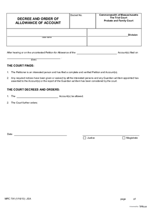 Thumbnail of Massachusetts Form Decree And Order Of Allowance Of Account