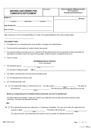 Thumbnail of Massachusetts Form Decree And Order For Complete Settlement