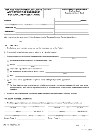 Thumbnail of Massachusetts Form Decree And Order For Formal Appointment Of Successor Personal Representative