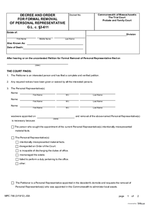 Thumbnail of Massachusetts Form Decree And Order For Formal Removal Personal Representative