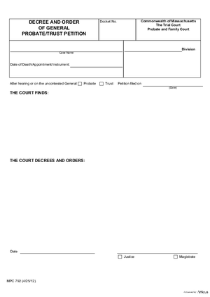 Thumbnail of Massachusetts Form Decree And Order Of General Trust Petition