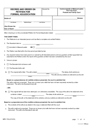 Thumbnail of Massachusetts Form Decree And Order On Petition For Formal Adjudication