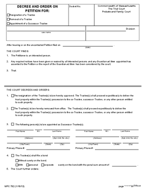 Thumbnail of Massachusetts Form Decree And Order On Petition For Resignation/removal/appointment Of Successor Trustee