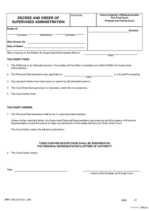 Thumbnail of Massachusetts Form Decree And Order Of Supervised Administration