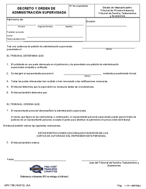 Thumbnail of Massachusetts Form Decreto Y Orden De Administración Supervisada / Decree And Order Of Supervised Administration