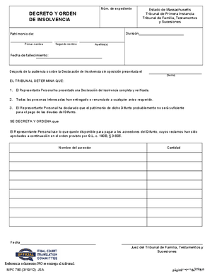 Thumbnail of Massachusetts Form Decreto Y Orden De Insolvencia / Decree And Order Of Insolvency