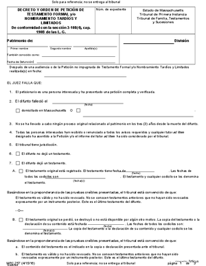 Thumbnail of Massachusetts Form Decreto Y Orden De Petición De Testamento Formal Y/o Nombramiento Tardíos Y Limitados (Mpc 757) / Decree And Order On Petition For Late And Limited Formal Testacy And/or Appointment