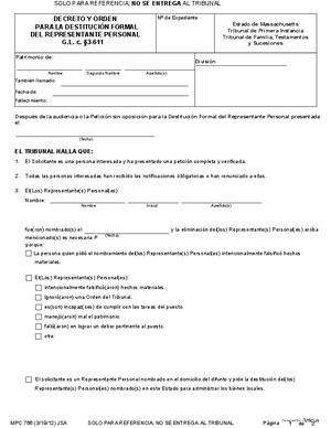 Thumbnail of Massachusetts Form Decreto Y Orden Para La Destitución Formal Del Representante Personal (Mpc 766) / Decree And Order For Formal Removal Personal Representative