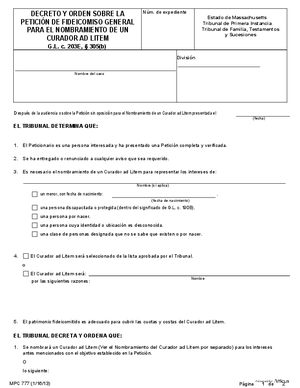Thumbnail of Massachusetts Form Decreto Y Orden Sobre La Petición De Fideicomiso General Para El Nombramiento De Un Curador Ad Litem / Decree And Order On Trust Petition Appointing A Guardian Ad Litem