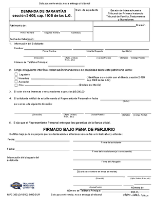 Thumbnail of Massachusetts Form Demanda De Garantías (Mpc 360) / Demand For Sureties