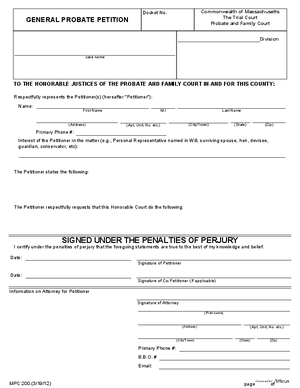 Thumbnail of Massachusetts Form General Probate Petition