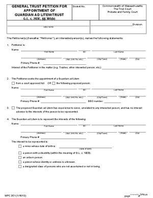 Thumbnail of Massachusetts Form General Trust Petition For Appointment Of A Guardian Ad Litem