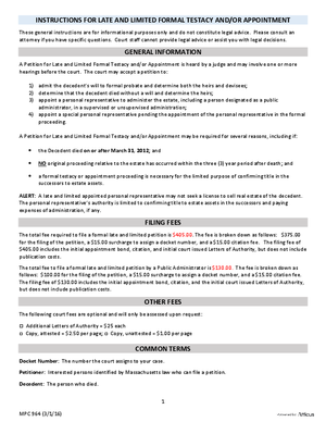 Thumbnail of Massachusetts Form Instructions For Mpc 161 Petition For Late And Limited Formal Testacy And/or Appointment
