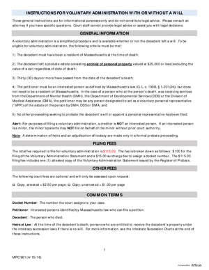 Thumbnail of Massachusetts Form Instructions For Voluntary Administration With Or Without A Will