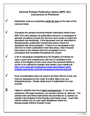 Thumbnail of Massachusetts Form Instructions To Petitioner Informal Probate Publication Notice Instructions To Petitioner