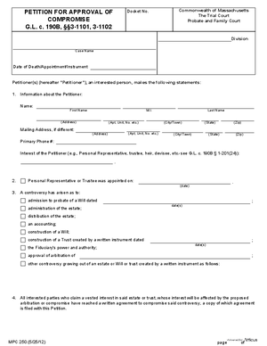 Thumbnail of Massachusetts Form Petition For Approval Of Compromise