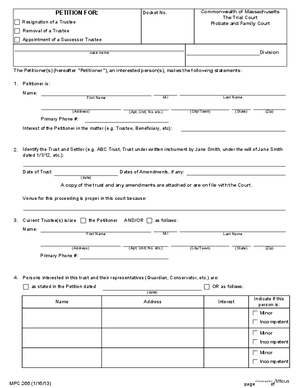 Thumbnail of Massachusetts Form Petition For Resignation/removal/appointment Of Successor Trustee