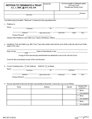 Thumbnail of Massachusetts Form Petition To Terminate A Trust